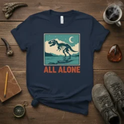 All Alone T-Rex skeleton graphic t-shirt with retro landscape and moon