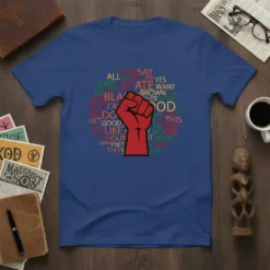T-shirt with 'All Am I She Yes Are At Ate Want' quote and red raised fist graphic, in multiple colors