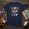 All American Boy T-Shirt with eagle holding baseball bat and USA flag graphic