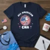 All American CNA text with patriotic stethoscope and nurse cap graphic on a navy blue t-shirt