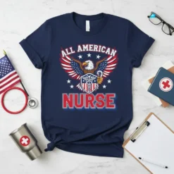 All American Nurse t-shirt with patriotic eagle graphic and USA flag wings