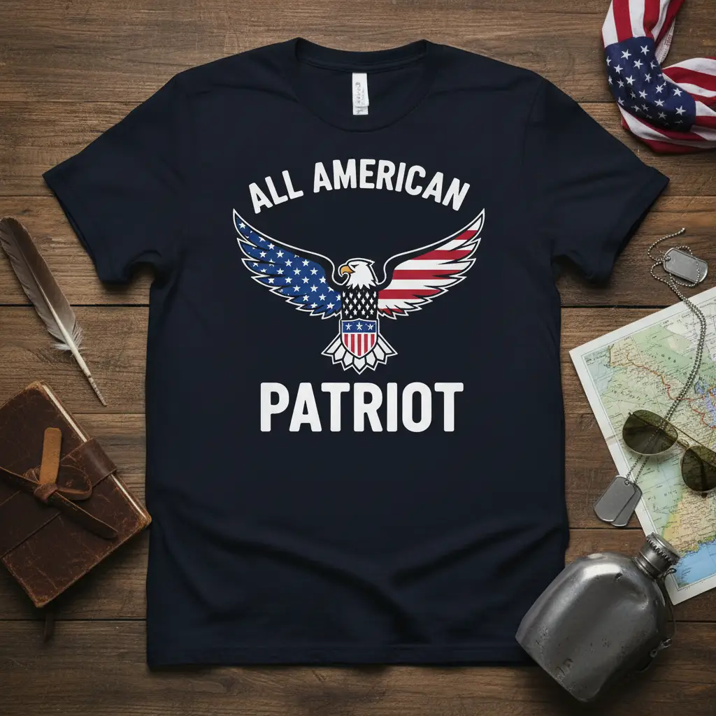 All American Patriot graphic tee with bold text and an eagle embracing the USA flag design