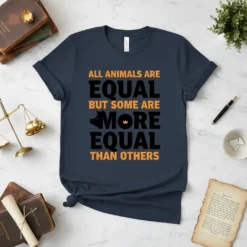 T-shirt with black and orange text stating "ALL ANIMALS ARE EQUAL BUT SOME ARE MORE EQUAL THAN OTHERS", featuring a