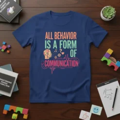 "All Behavior Is A Form Of Communication" text with abstract head graphic and sound waves on a navy blue t-shirt