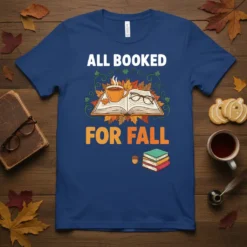 All Booked For Fall text design with an open book, coffee cup, and glasses, surrounded by autumn leaves
