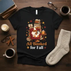 All Booked for Fall text with a duck reading in a chair surrounded by books and autumn leaves graphic
