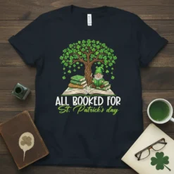 All Booked For St. Patrick's Day t-shirt featuring a gnome reading a book under a clover tree
