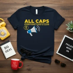 Navy t-shirt with yellow text "ALL CAPS EVERYTHING LOUD & CLEAR" and a graphic of a megaphone with an exclamation