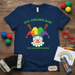 The "ALL COLORS SAM THE SANDOWN CLOWN" text with a colorful jester hat and clown face graphic on a navy