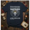 Navy t-shirt with "The Emergency Broadcast System HALLOWEEN NIGHT ANNUAL TRADITION ALL CRIME IS ALLOWED IN 12 HOURS" text and