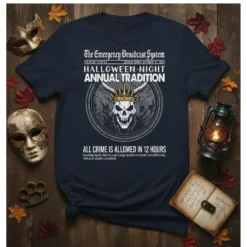 Navy t-shirt with "The Emergency Broadcast System HALLOWEEN NIGHT ANNUAL TRADITION ALL CRIME IS ALLOWED IN 12 HOURS" text and