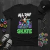 All Day Skate Rabbit T-Shirt design showing a white rabbit in an orange shirt skateboarding with a city skyline background