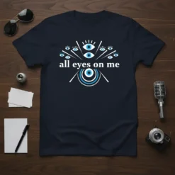 Navy t-shirt with "all eyes on me" text and a central graphic of multiple blue and white eyes, representing an