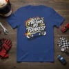 ALL GAS NO BRAKES! text with a graphic of a car's wheels, exhaust, and flames on a blue t-shirt
