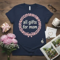 Navy t-shirt with "all gifts for mom" text inside a pink floral wreath, perfect for Mother's Day gifts