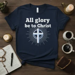 Navy blue t-shirt with white text "All glory be to Christ" and a light blue cross emblem with radiating lines