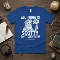 Socrates wearing a laurel wreath, holding a microphone, with "All I Know Is Scotty Doesn't Know - Socrates" text on