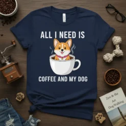 All I Need Is Coffee And My Dog text with a cute corgi in a coffee cup graphic on a
