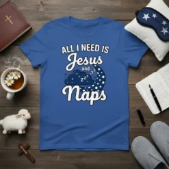 Blue t-shirt with white text "All I Need Is Jesus and Naps" featuring a sleeping cloud and moon graphic
