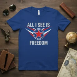 All I See Is Freedom text with a red star and wings graphic on a blue t-shirt