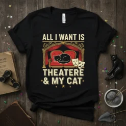 Black t-shirt with "ALL I WANT IS THEATERE & MY CAT" text, featuring a sleeping cat on a theater couch