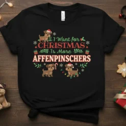 All I Want for Christmas Is More Affenpinschers text with cute dogs wearing Santa hats and Christmas lights