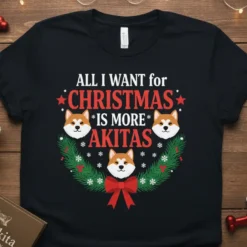 Christmas t-shirt design with the text "ALL I WANT for CHRISTMAS IS MORE AKITAS" surrounded by Akita dog faces and
