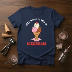 Navy t-shirt with "all i want in life is ICECREAM" text and a graphic of a melting ice cream cone
