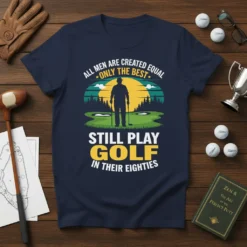 T-shirt design featuring the quote "All Men Are Created Equal Only The Best Still Play Golf In Their Eighties" with