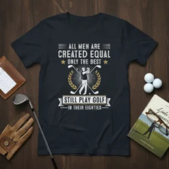 Dark t-shirt with "ALL MEN ARE CREATED EQUAL ONLY THE BEST STILL PLAY GOLF IN THEIR EIGHTIES" text and a