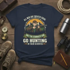 Hunter aiming rifle graphic with quote "All Men Are Created Equal Only The Strongest Can Go Hunting In Their Seventies"