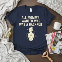 Navy t-shirt with "ALL MOMMY WANTED WAS A BACKRUB" text and graphic of a woman receiving a back rub