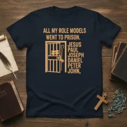 All My Role Models Went To Prison T-Shirt with biblical figures Jesus, Paul, Joseph, Daniel, Peter, John listed next to