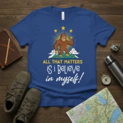 Bigfoot wearing a muscle pose above the quote "ALL THAT MATTERS IS I Believe in myself!" with three stars above