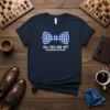 Navy t-shirt with a blue and white gingham bow tie graphic and the text "ALL TIES ARE OFF CHECKMATE FASHION"