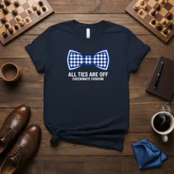 Navy t-shirt with a blue and white gingham bow tie graphic and the text "ALL TIES ARE OFF CHECKMATE FASHION"