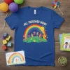 All Together Now t-shirt with a colorful rainbow, smiling sun, and diverse group of children playing in a field