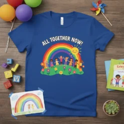 All Together Now t-shirt with a colorful rainbow, smiling sun, and diverse group of children playing in a field