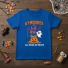 Kids blue t-shirt with "All Tricks, No Treats!" Halloween design featuring a pumpkin, bat, and ghost