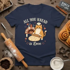 All You Knead is Love text with cute cat chef and pizza oven graphic on a navy t-shirt