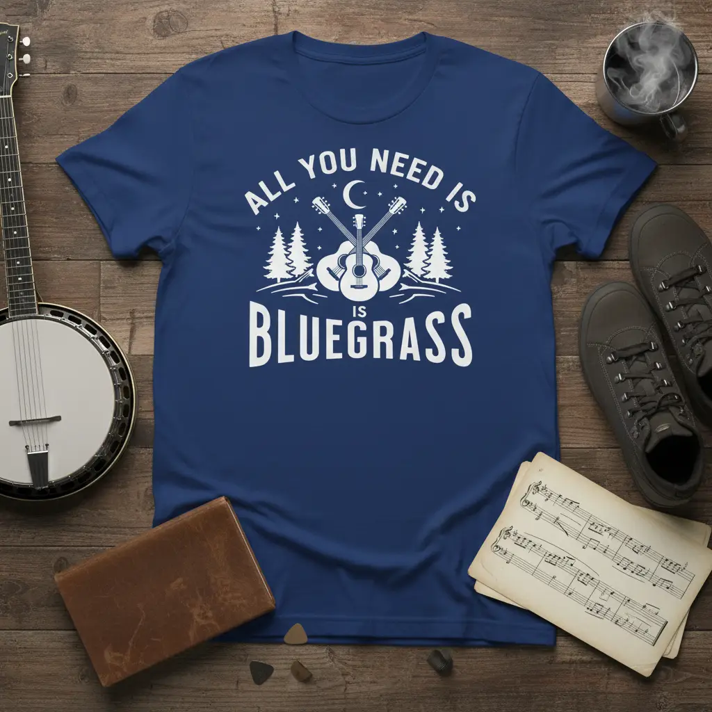 ALL YOU NEED IS BLUEGRASS quote with crossed acoustic guitars, pine trees, moon, and stars graphic