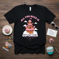 Black t-shirt featuring the quote "ALL YOU NEED IS CUPCAKES" above a whimsical cupcake tower graphic with clouds and stars