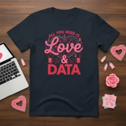 T-shirt with text "All You Need Is Love & Data" in pink and red, featuring a heart and circuit board