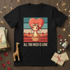 Cute giraffe in a hot air balloon with a heart, text says "All You Need Is Love"