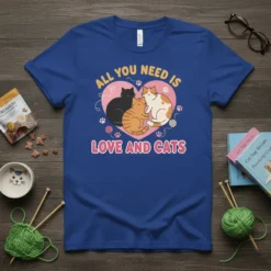 All You Need Is Love And Cats text with three cute cats cuddling inside a heart graphic on a blue