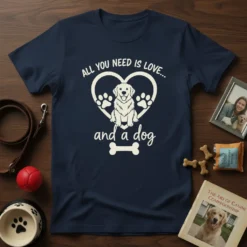 All You Need Is Love And A Dog graphic tee featuring a golden retriever inside a heart with paw prints