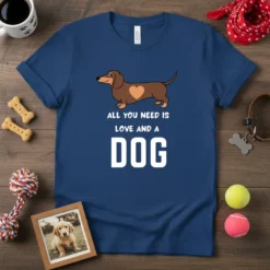 Dachshund t-shirt with "All You Need Is Love And A Dog" text and heart graphic