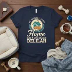 T-shirt design featuring the quote "All You Need Is A Cozy Home And A Dog Named Delilah" with a sleeping