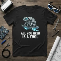 Robot turtle on a skateboard with text "ALL YOU NEED IS A TOOL" on a black t-shirt