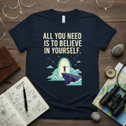 Navy t-shirt with the motivational quote "All You Need Is To Believe In Yourself" above a graphic of a person